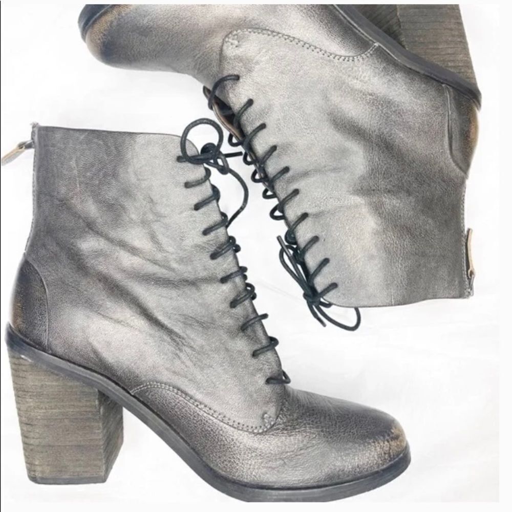 Bacio 61 Radura metallic leather Distressed lace up heels combat ankle boots 7